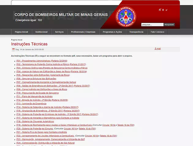 Página de download das instruções técnicas no site do Corpo de Bombeiros de Minas Gerais